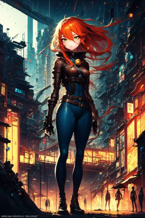 (masterpiece), best quality, 1girl, original, (red Bell Bottoms), blue suit, wide shot, face, rape face, fair, fighting stance, green eyes, orange hair, scientific landscape floating city <lora:S12 v4 e0.6_28800:1>