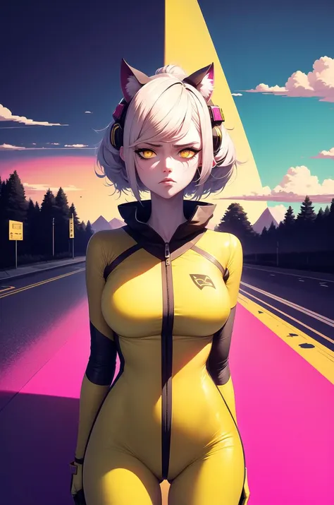 (masterpiece), best quality, 1girl, abstract, powerful, (yellow bodysuit), pink Cat Suit, wide shot, face, annoyed, showstopping, on back, orange eyes, white hair, landscape with Dark Colors aqueduct <lora:S12 ohwx Adan_18000:0.75>