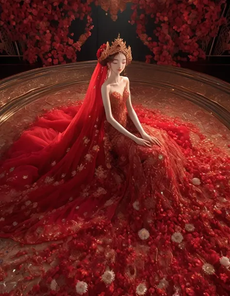 Extreme Wide Shot,aerial perspective,top-down view,grand scale,central subject,woman in red bridal gown,red petals are covered around,intricate crystal floral patterns,ethereal red flower sea backdrop,dreamlike ambiance,vibrant red hues,majestic aura,detailed embroidery,fantasy setting,(fantasy theme:1.4),opulent design,lavish presentation,surreal beauty,mesmerizing floral expanse,enchanting atmosphere,,incredibly absurdres,realistic,real,((art nouveau)),reality, , detailed, intricate, detailed intricate, (detailed face:1.2), , , <lora:Ench:1>