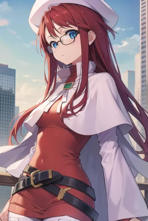 summonnightaty, <lora:atytest-000010:1>,
aty, long hair, blue eyes, red hair, beret, hat, glasses,
BREAK long hair, thighhighs, hat, dress, boots, glasses, belt, cape, sweater, zettai ryouiki, beret, thigh boots, white footwear, ribbed sweater, loose belt,,
BREAK looking at viewer,
BREAK outdoors, city,
BREAK <lora:GoodHands-vanilla:1>, (masterpiece:1.2), best quality, high resolution, unity 8k wallpaper, (illustration:0.8), (beautiful detailed eyes:1.6), extremely detailed face, perfect lighting, extremely detailed CG, (perfect hands, perfect anatomy),