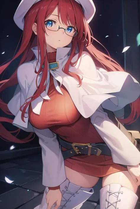 summonnightaty, <lora:atytest-000010:1>,
aty, long hair, blue eyes, red hair, beret, hat, glasses,
BREAK long hair, thighhighs, hat, dress, boots, glasses, belt, cape, sweater, zettai ryouiki, beret, thigh boots, white footwear, ribbed sweater, loose belt,,
BREAK looking at viewer,
BREAK outdoors, city,
BREAK <lora:GoodHands-vanilla:1>, (masterpiece:1.2), best quality, high resolution, unity 8k wallpaper, (illustration:0.8), (beautiful detailed eyes:1.6), extremely detailed face, perfect lighting, extremely detailed CG, (perfect hands, perfect anatomy),