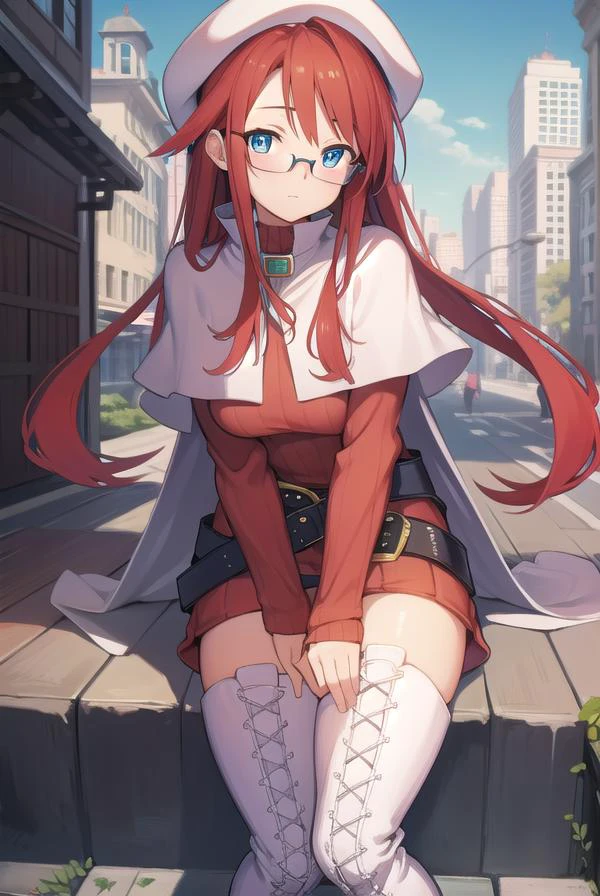 summonnightaty, <lora:atytest-000010:1>,
aty, long hair, blue eyes, red hair, beret, hat, glasses,
BREAK long hair, thighhighs, hat, dress, boots, glasses, belt, cape, sweater, zettai ryouiki, beret, thigh boots, white footwear, ribbed sweater, loose belt,,
BREAK looking at viewer,
BREAK outdoors, city,
BREAK <lora:GoodHands-vanilla:1>, (masterpiece:1.2), best quality, high resolution, unity 8k wallpaper, (illustration:0.8), (beautiful detailed eyes:1.6), extremely detailed face, perfect lighting, extremely detailed CG, (perfect hands, perfect anatomy),