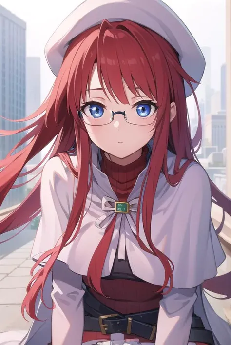 summonnightaty, <lora:atytest-000010:1>,
aty, long hair, blue eyes, red hair, beret, hat, glasses,
BREAK long hair, thighhighs, hat, dress, boots, glasses, belt, cape, sweater, zettai ryouiki, beret, thigh boots, white footwear, ribbed sweater, loose belt,,
BREAK looking at viewer,
BREAK outdoors, city,
BREAK <lora:GoodHands-vanilla:1>, (masterpiece:1.2), best quality, high resolution, unity 8k wallpaper, (illustration:0.8), (beautiful detailed eyes:1.6), extremely detailed face, perfect lighting, extremely detailed CG, (perfect hands, perfect anatomy),