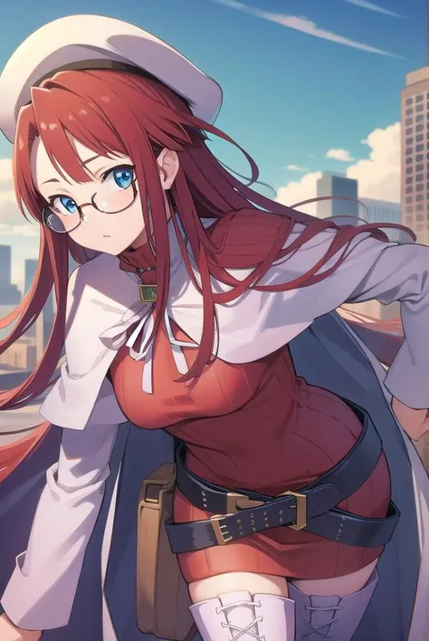 summonnightaty, <lora:atytest-000010:1>,
aty, long hair, blue eyes, red hair, beret, hat, glasses,
BREAK long hair, thighhighs, hat, dress, boots, glasses, belt, cape, sweater, zettai ryouiki, beret, thigh boots, white footwear, ribbed sweater, loose belt,,
BREAK looking at viewer,
BREAK outdoors, city,
BREAK <lora:GoodHands-vanilla:1>, (masterpiece:1.2), best quality, high resolution, unity 8k wallpaper, (illustration:0.8), (beautiful detailed eyes:1.6), extremely detailed face, perfect lighting, extremely detailed CG, (perfect hands, perfect anatomy),