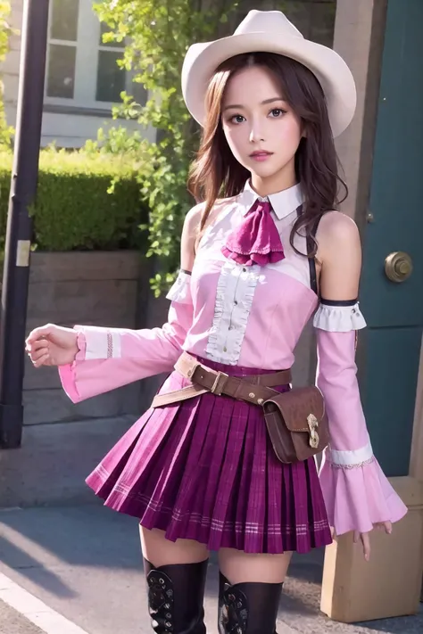 masterpiece, best quality, detailed face,ultra hi res,(illustration:1.3),(game cg:1.2)
1girl, solo,
<lora:kiseki_nadia_cos_V1:0.8:lbw=ALL>,
nadia_cos,
thighhighs: , skirt, plaid skirt, detached sleeves, ascot,frills, black thighhighs , belt,belt pouch, pouch, pleated skirt,miniskirt,zettai ryouiki,frilled skirt, red skirt,bare shoulders,long sleeves,pink skirt,pink dress,
knee boots,brown footwear,
dynamic pose,(cowboy shot:1.2),
<lora:mix4:0.3>,mix4