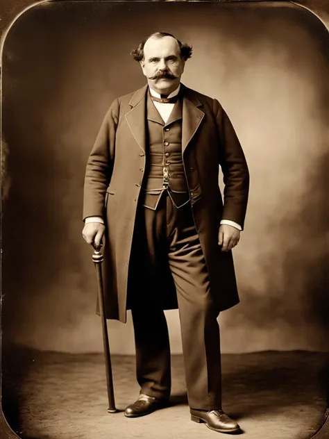 cinematic photo walking, happy victorian inventor (1 man:1.3) corpulent  Bob James Braun with moustache <lora:BarnumAtelier-SDXLa:1> portrait, full-body, detailed skin, skin imperfections, skin pores, laboratory, sepia . 35mm photograph, film, bokeh, professional, 4k, highly detailed
