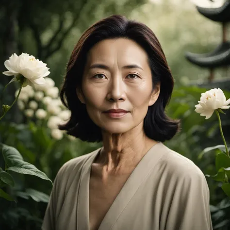 cinematic photo <lora:BarnumAtelier-SDXLa:1> portrait, fullbody, chinese middleaged 1 woman, detailed skin, skin imperfections, skin pores, garden . 35mm photograph, film, bokeh, professional, 4k, highly detailed