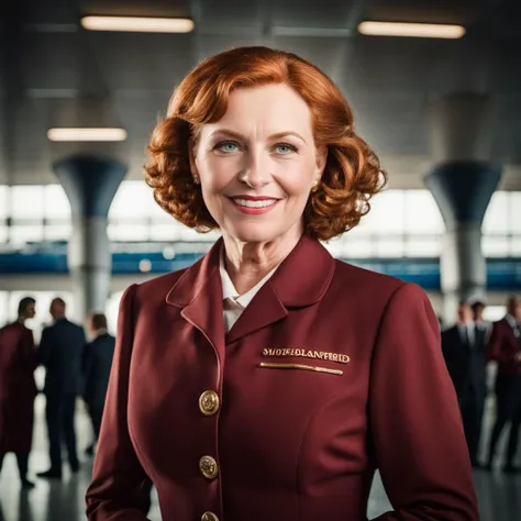 cinematic photo happy middleaged (1 woman:1.3) corpulent redhead Gentrude Stein <lora:BarnumAtelier-SDXLa:1> portrait, full-body, curvaceous german stewardess,blushes, detailed skin, skin imperfections, skin pores, busy airport terminal . 35mm photograph, film, bokeh, professional, 4k, highly detailed