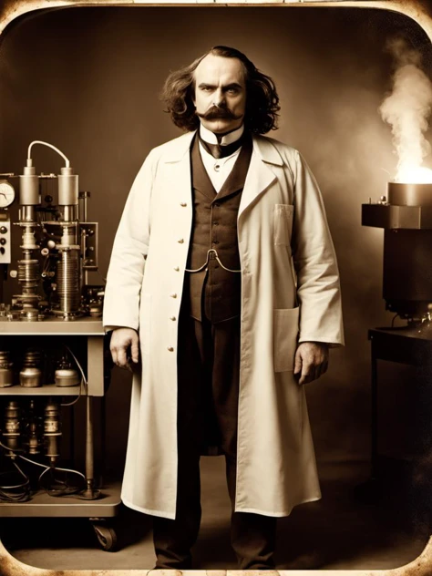 cinematic photo walking, angry crazy victorian inventor (1 man:1.3)  long unkempt hair, stained labcoat, electric discharge, corpulent  Bob James Braun with moustache <lora:BarnumAtelier-SDXLa:1> portrait, full-body, detailed skin, skin imperfections, skin pores, laboratory full of equipment, sepia . 35mm photograph, film, bokeh, professional, 4k, highly detailed