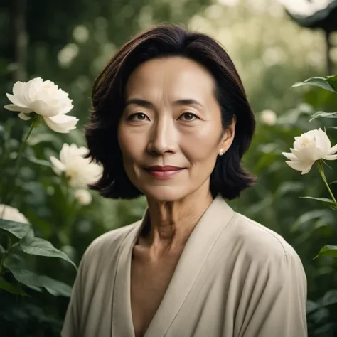 cinematic photo <lora:BarnumAtelier-SDXLa:1> portrait, fullbody, chinese happy middleaged 1 woman, detailed skin, skin imperfections, skin pores, garden . 35mm photograph, film, bokeh, professional, 4k, highly detailed