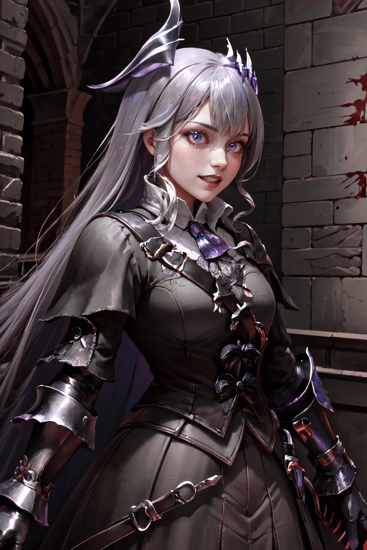 Highly detailed, High Quality, Masterpiece, beautiful, 1girl, solo, KosekiBijou, hair ornament, <lora:Char_VTuber_KosekiBijou:1>, edgBB, black gloves, belt, coat, torn clothes, gauntlets, arms at sides, vambraces, tricorn, hunter (bloodborne), <lora:Outfit_BloodborneHunter:0.65>, crazy face, crazy eyes, crazy smile, <lora:Expression_Crazy:0.6>