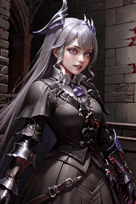 Highly detailed, High Quality, Masterpiece, beautiful, 1girl, solo, KosekiBijou, hair ornament, <lora:Char_VTuber_KosekiBijou:1>, edgBB, black gloves, belt, coat, torn clothes, gauntlets, arms at sides, vambraces, tricorn, hunter (bloodborne), <lora:Outfit_BloodborneHunter:0.65>, crazy face, crazy eyes, crazy smile, <lora:Expression_Crazy:0.6>
