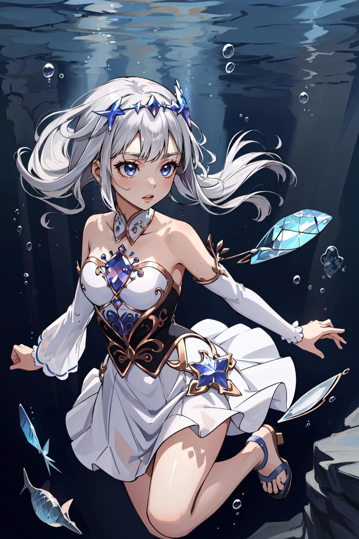 (masterpiece, best quality), intricate details,
1girl, <lora:CHAR-KosekiBijou:0.6> KosekiBijou, KosekiBijou, hair ornament, white dress, strapless dress, crystal, detached sleeves, asymmetrical sleeves, silver hair,
underwater, swimming, money, <lora:nevermind_album_v0.1:0.6> nirvana