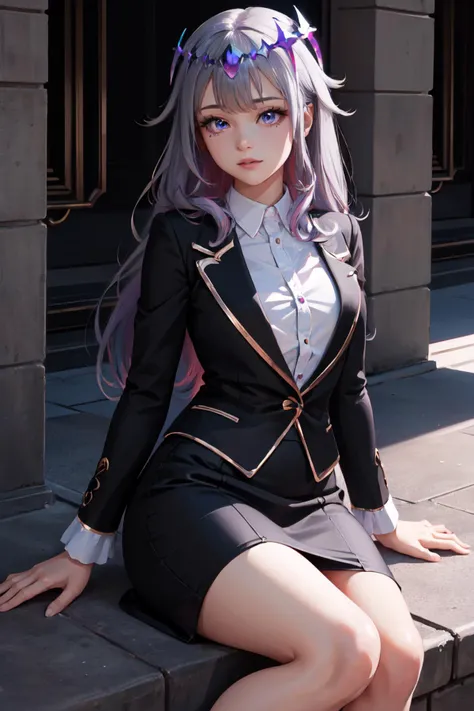 Highly detailed, High Quality, Masterpiece, beautiful, 1girl, solo, KosekiBijou, hair ornament, <lora:Char_VTuber_KosekiBijou:1>, black suit, black pencil skirt, black pumps