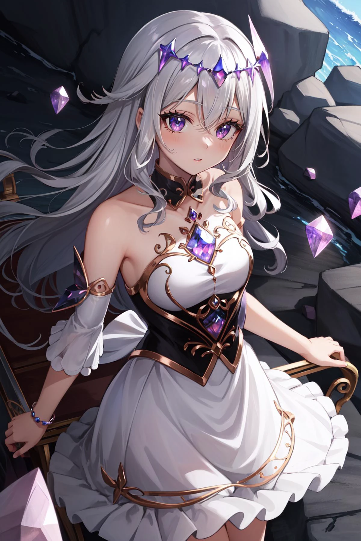 (masterpiece, best quality), intricate details,
1girl, <lora:CHAR-KosekiBijou:0.6> KosekiBijou, KosekiBijou, hair ornament, white dress, strapless dress, crystal, detached sleeves, asymmetrical sleeves, silver hair,
underground, rocks, mining, gems, crystals, minecart, rails,