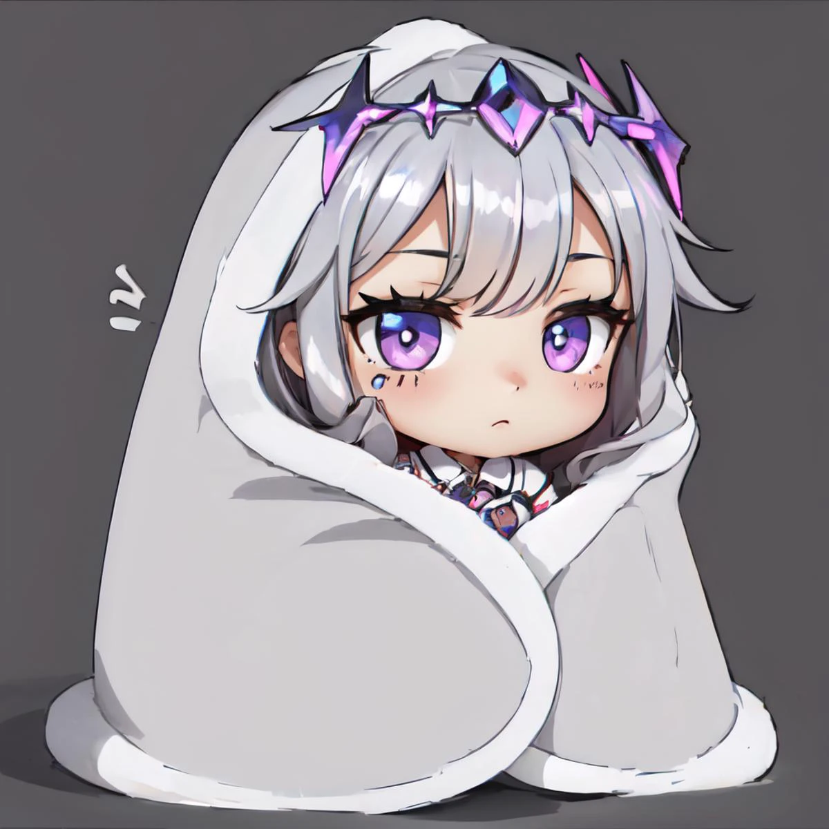 Highly detailed, High Quality, Masterpiece, beautiful, 1girl, solo, KosekiBijou, hair ornament, <lora:Char_VTuber_KosekiBijou:1>, cozyblanket, chibi, simple background, <lora:Pos_CozyBlanket:1>
