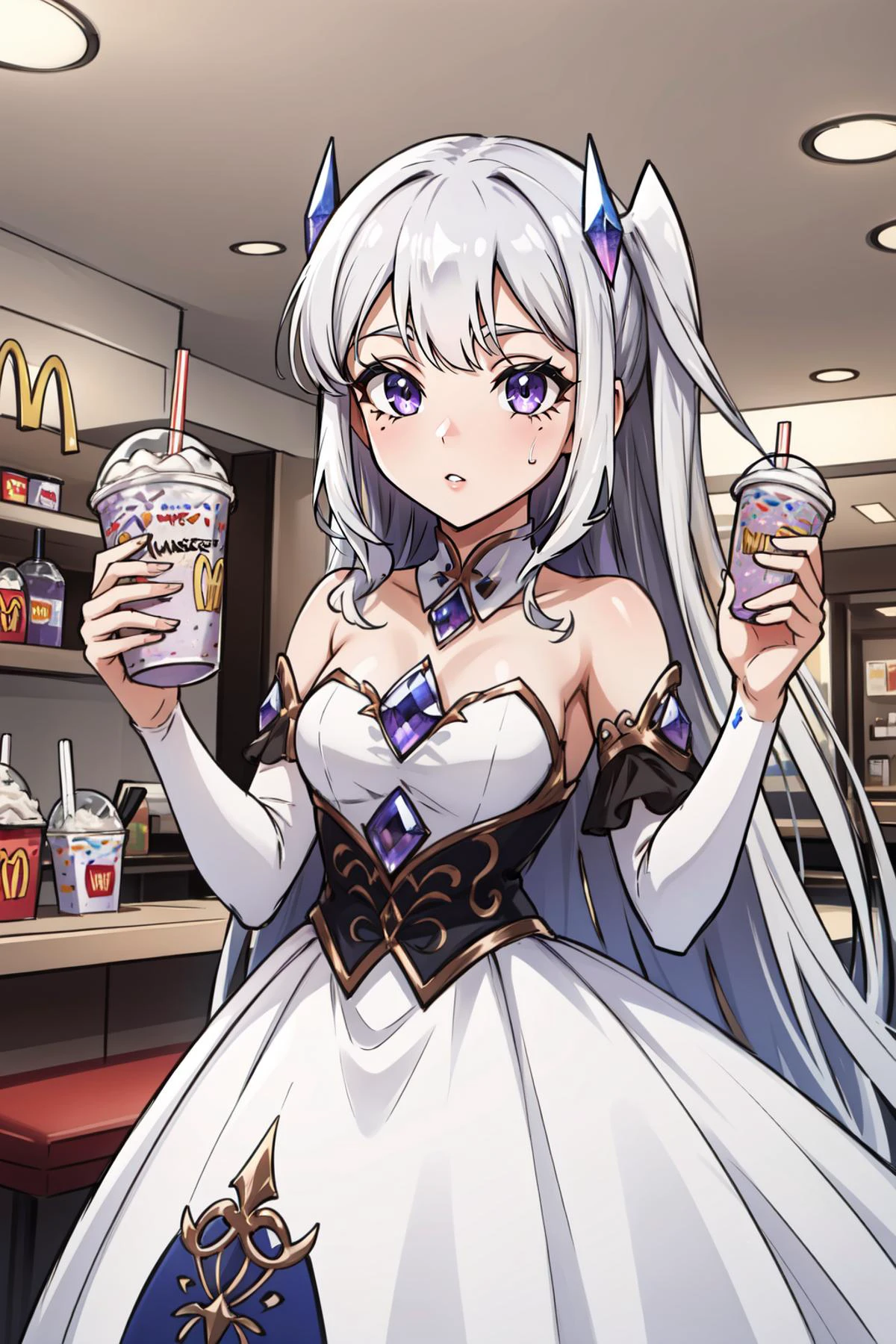 (masterpiece, best quality), intricate details,
1girl, <lora:CHAR-KosekiBijou:0.6> KosekiBijou, KosekiBijou, hair ornament, white dress, strapless dress, crystal, detached sleeves, asymmetrical sleeves, silver hair,
<lora:concept_grimaceshake-11:0.8> grimaceshake, holding milkshake, mcdonalds, indoors,