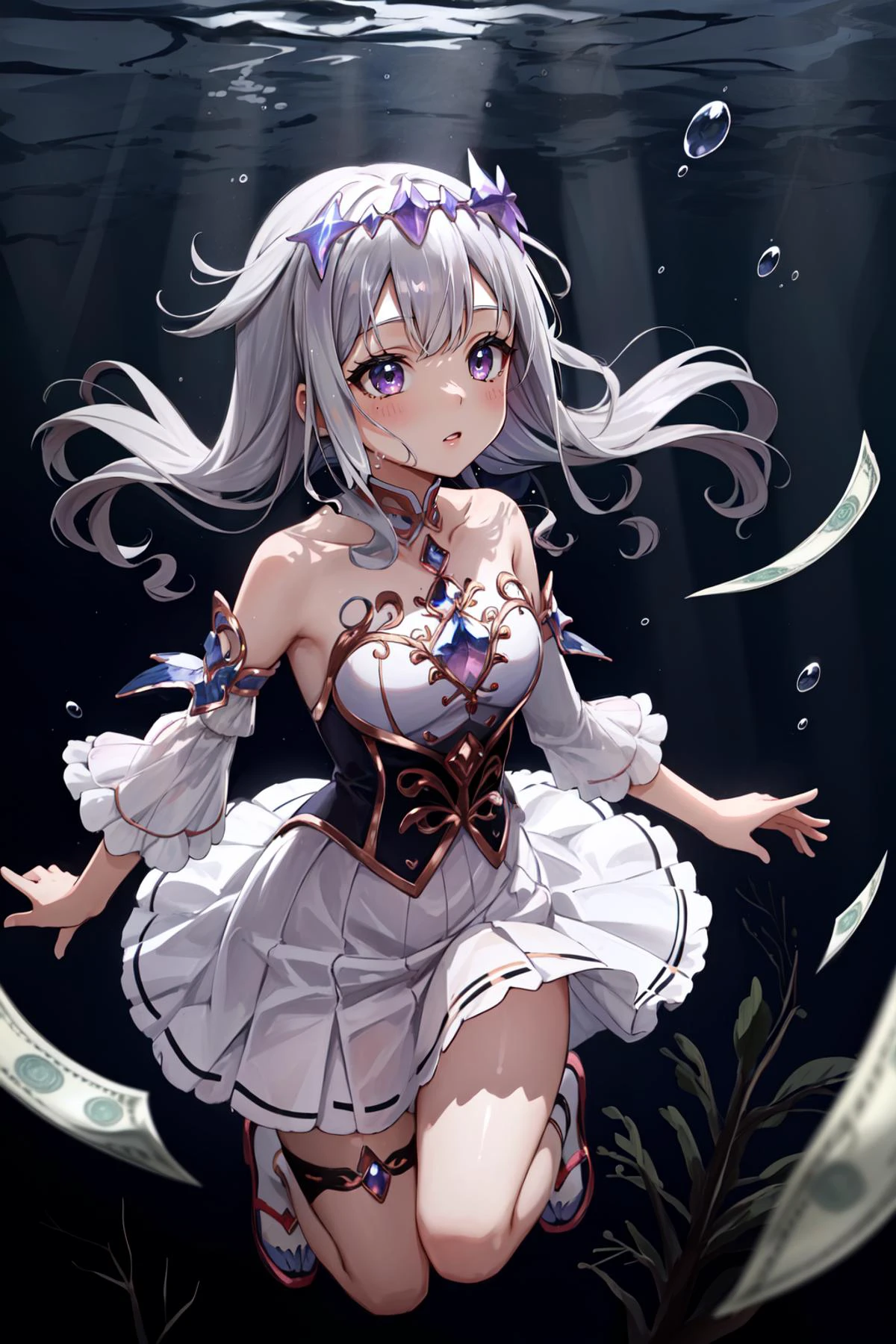 (masterpiece, best quality), intricate details,
1girl, <lora:CHAR-KosekiBijou:0.6> KosekiBijou, KosekiBijou, hair ornament, white dress, strapless dress, crystal, detached sleeves, asymmetrical sleeves, silver hair,
underwater, swimming, money, <lora:nevermind_album_v0.1:0.6> nirvana