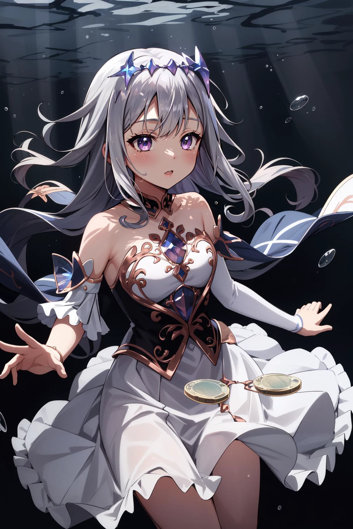 (masterpiece, best quality), intricate details,
1girl, <lora:CHAR-KosekiBijou:0.6> KosekiBijou, KosekiBijou, hair ornament, white dress, strapless dress, crystal, detached sleeves, asymmetrical sleeves, silver hair,
underwater, swimming, money, <lora:nevermind_album_v0.1:0.6> nirvana