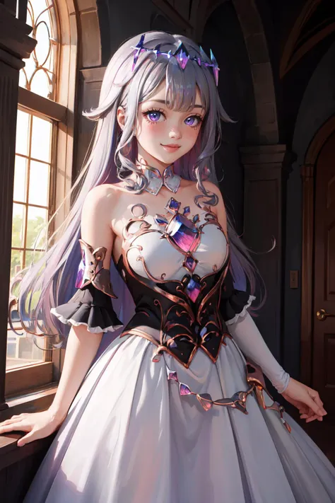 Highly detailed, High Quality, Masterpiece, beautiful, 1girl, solo, KosekiBijou, hair ornament, white dress, strapless dress, crystal, detached sleeves, asymmetrical sleeves, <lora:Char_VTuber_KosekiBijou:1>, smile, blush, arms behind back,