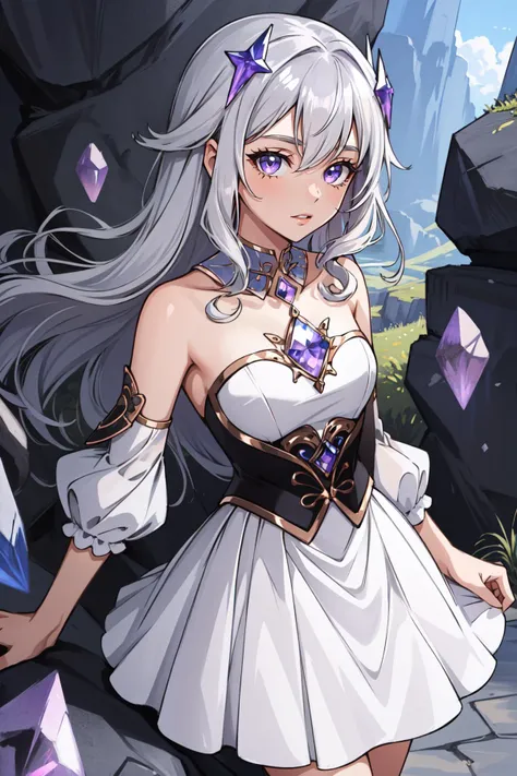 (masterpiece, best quality), intricate details,
1girl, <lora:CHAR-KosekiBijou:0.6> KosekiBijou, KosekiBijou, hair ornament, white dress, strapless dress, crystal, detached sleeves, asymmetrical sleeves, silver hair,
underground, rocks, mining, gems, crystals, minecart, rails,
