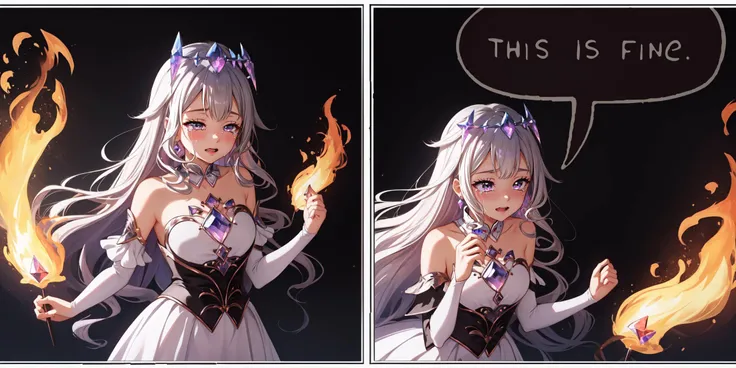 (masterpiece, best quality), intricate details,
1girl, <lora:CHAR-KosekiBijou:0.8> KosekiBijou, KosekiBijou, hair ornament, white dress, strapless dress, crystal, detached sleeves, asymmetrical sleeves
<lora:ThisIsFineMeme:0.8> IncrsThisIsFineMeme, solo,fire, crying, tears, scared,