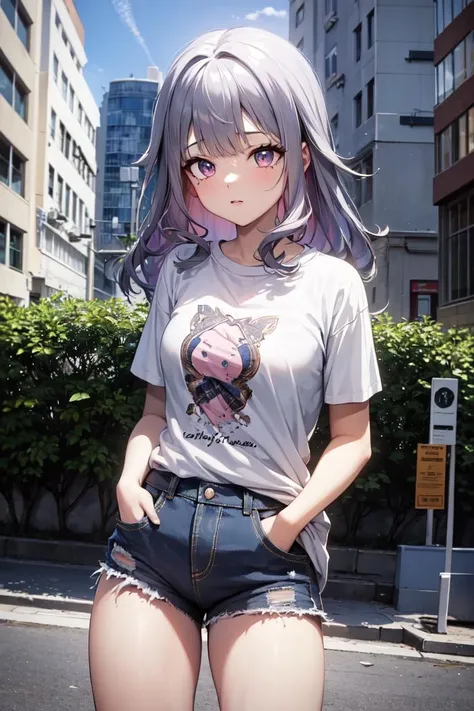 masterpiece, best quality, absurdres, perfect anatomy, 1girl, solo, KosekiBijou, graphic tee, denim shorts, standing, outdoors, city, hands in pockets, <lora:KosekiBijou:1>