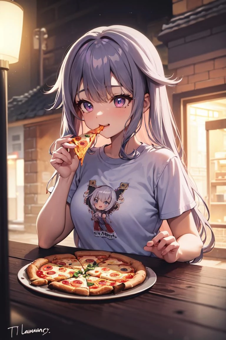 masterpiece, best quality, absurdres, perfect anatomy, 1girl, solo, KosekiBijou, t-shirt, eating, table, upper body, pizza, happy, lamp, outdoors, street, lamppost, <lora:KosekiBijou:1>
