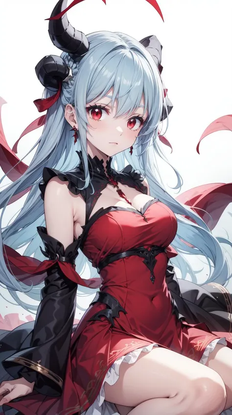 Pale blue hair, black horns, red eyes, masterpiece, best quality, Solo, <lora:Kurikara:0.5>, Kurikara, Red dress