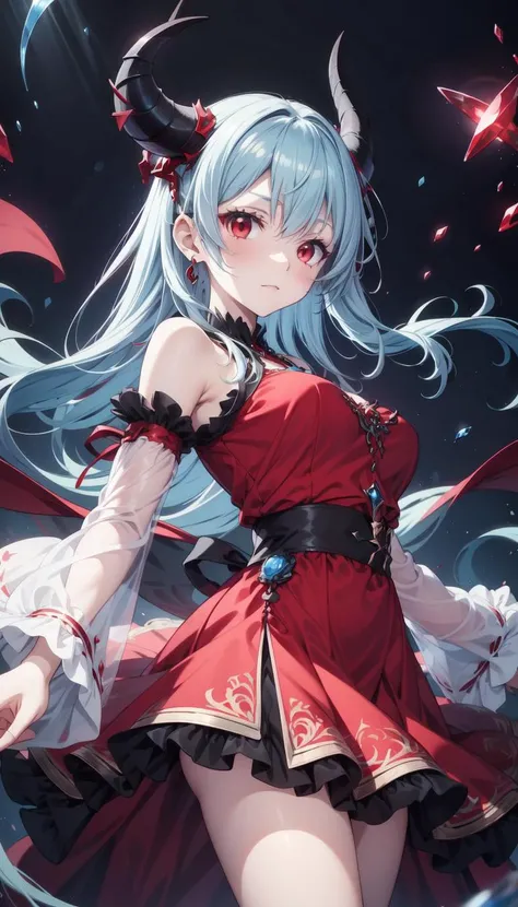 Pale blue hair, black horns, red eyes, masterpiece, best quality, Solo, <lora:Kurikara:0.5>, Kurikara, Red dress