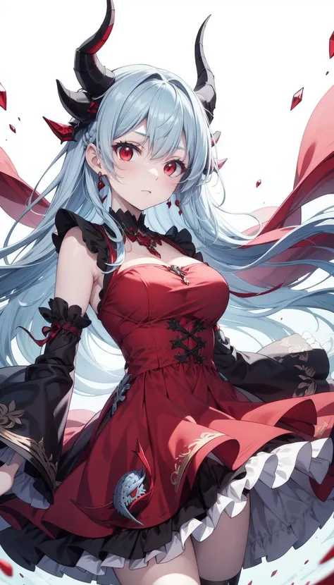 Pale blue hair, black horns, red eyes, masterpiece, best quality, Solo, <lora:Kurikara:0.5>, Kurikara, Red dress