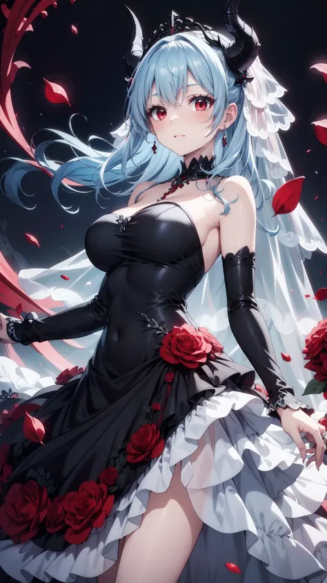 Pale blue hair, black horns, red eyes, masterpiece, best quality, Solo, <lora:Kurikara:0.5>, Kurikara, (Wedding dress:1.2)