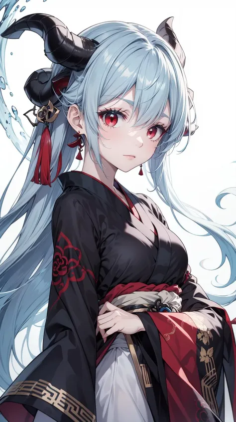 Pale blue hair, black horns, red eyes, masterpiece, best quality, Solo, <lora:Kurikara:0.5>, Kurikara, (Hanfu:1.3)