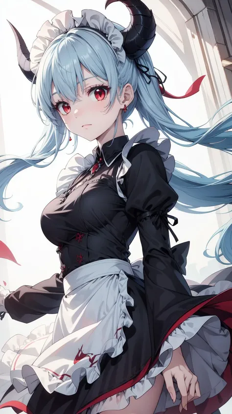 Pale blue hair, black horns, red eyes, masterpiece, best quality, Solo, <lora:Kurikara:0.5>, Kurikara, (Maid dress:1.2)