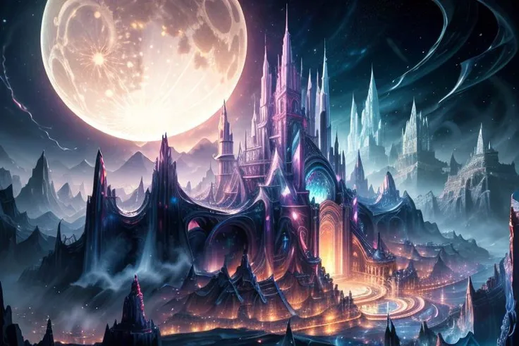 very high resolution, masterpiece, (hyper quality), highly detailed illustration, digital art, digital painting, vivid color, scenic, realistic, tremendous Black Crystal Palace, hidden deep within the cavern's embrace, iridescent walls refracting ambient moon light, glowing, from above,