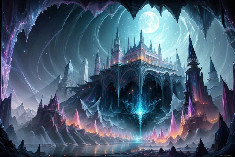 very high resolution, masterpiece, (hyper quality), highly detailed illustration, digital art, digital painting, vivid color, scenic, realistic, tremendous Black Crystal Palace, hidden deep within the cavern's embrace, iridescent walls refracting ambient moon light, glowing, from above,