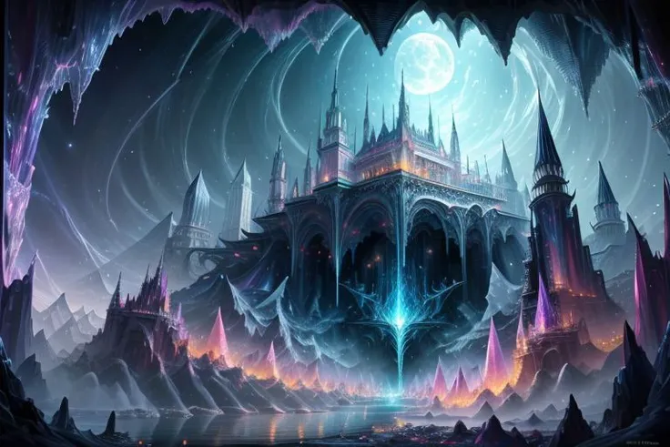 very high resolution, masterpiece, (hyper quality), highly detailed illustration, digital art, digital painting, vivid color, scenic, realistic, tremendous Black Crystal Palace, hidden deep within the cavern's embrace, iridescent walls refracting ambient moon light, glowing, from above,