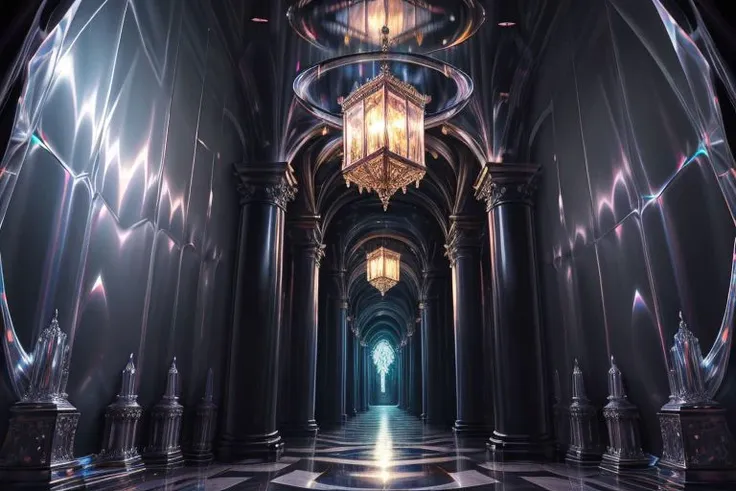 very high resolution, masterpiece, (hyper quality), highly detailed illustration, digital art, digital painting, vivid color, scenic, realistic, tremendous Black Crystal Palace, hallway made with black crystal, hidden deep within the cavern's embrace, iridescent walls refracting ambient moon light, glowing, from above,