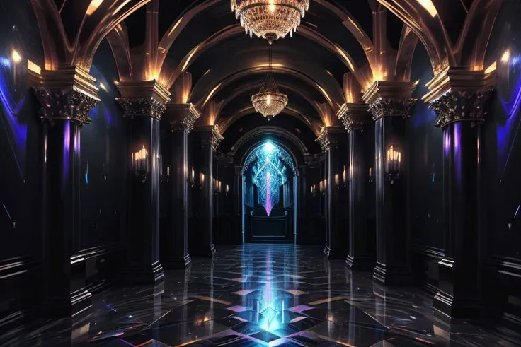 very high resolution, masterpiece, (hyper quality), highly detailed illustration, digital art, digital painting, vivid color, scenic, realistic, tremendous Black Crystal Palace, ((castle (hallway) made with black crystal)), iridescent walls refracting ambient moon light, glowing,