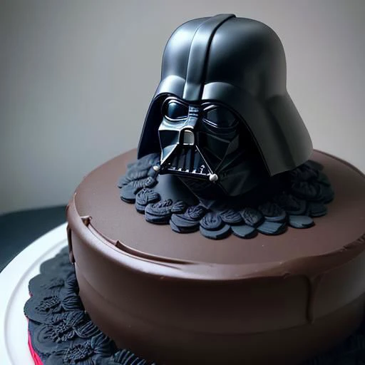 sculpted darth vader birthday cake. Professional photography, bokeh, natural lighting, canon lens, shot on dslr 64 megapixels sharp focus, deep color, photorealistic, fantastical, intricate detail, complementary colors, fantasy concept art, 8k resolution trending on Artstation Unreal Engine 5