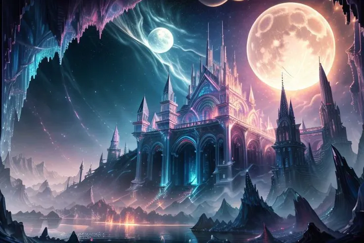very high resolution, masterpiece, (hyper quality), highly detailed illustration, digital art, digital painting, vivid color, scenic, realistic, tremendous Black Crystal Palace, hidden deep within the cavern's embrace, iridescent walls refracting ambient moon light, glowing, from above,