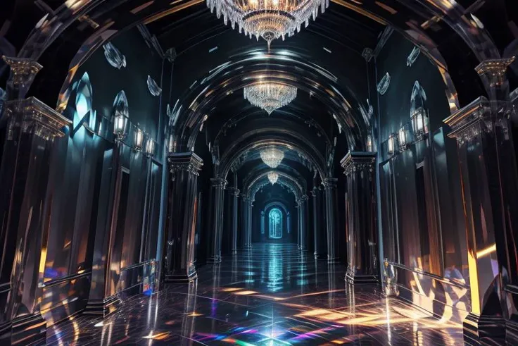 very high resolution, masterpiece, (hyper quality), highly detailed illustration, digital art, digital painting, vivid color, scenic, realistic, tremendous Black Crystal Palace, ((castle (hallway) made with black crystal)), iridescent walls refracting ambient moon light, glowing,