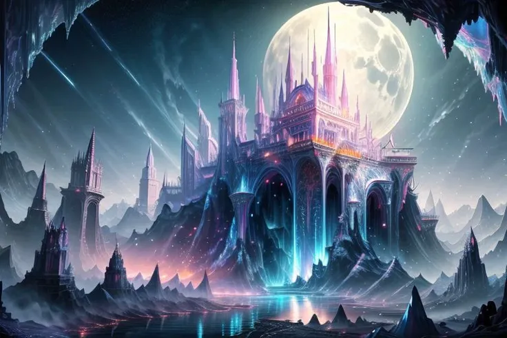 very high resolution, masterpiece, (hyper quality), highly detailed illustration, digital art, digital painting, vivid color, scenic, realistic, tremendous Black Crystal Palace, hidden deep within the cavern's embrace, iridescent walls refracting ambient moon light, glowing, from above,