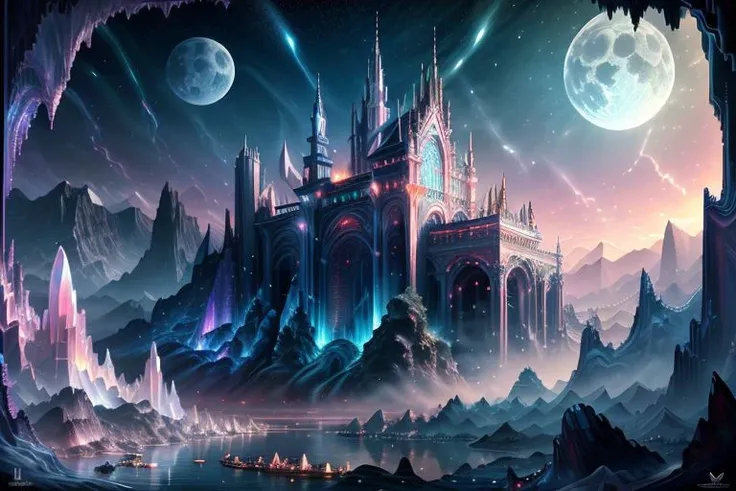 very high resolution, masterpiece, (hyper quality), highly detailed illustration, digital art, digital painting, vivid color, scenic, realistic, tremendous Black Crystal Palace, hidden deep within the cavern's embrace, iridescent walls refracting ambient moon light, glowing, from above,