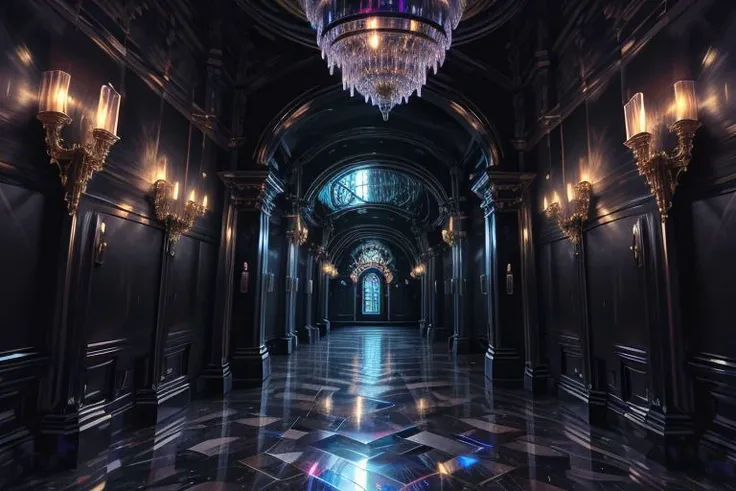 very high resolution, masterpiece, (hyper quality), highly detailed illustration, digital art, digital painting, vivid color, scenic, realistic, tremendous Black Crystal Palace, ((castle (hallway) made with black crystal)), iridescent walls refracting ambient moon light, glowing,