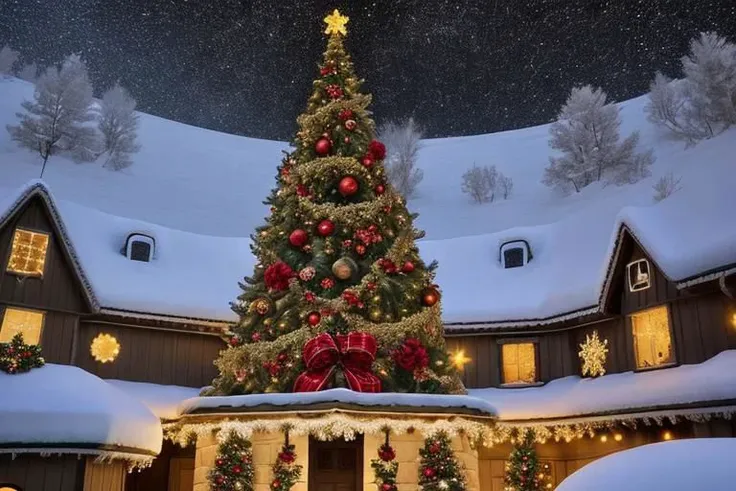 Describe in detail the atmosphere of Christmas which is full of warmth and joy. Picture beautiful Christmas decorations, the tempting smell of cookies, and the glow of Christmas lights. Include moments of family and friends together in a happy atmosphere. Be sure to add a touch of Christmas magic to the picture. At the top of the description, write a beautiful "Merry Christmas" that accompanies the joyful atmosphere