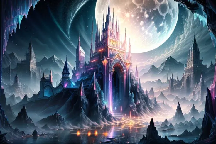 very high resolution, masterpiece, (hyper quality), highly detailed illustration, digital art, digital painting, vivid color, scenic, realistic, tremendous Black Crystal Palace, hidden deep within the cavern's embrace, iridescent walls refracting ambient moon light, glowing, from above,