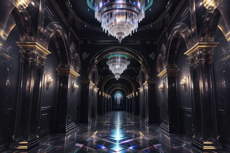 very high resolution, masterpiece, (hyper quality), highly detailed illustration, digital art, digital painting, vivid color, scenic, realistic, tremendous Black Crystal Palace, ((castle (hallway) made with black crystal)), iridescent walls refracting ambient moon light, glowing,