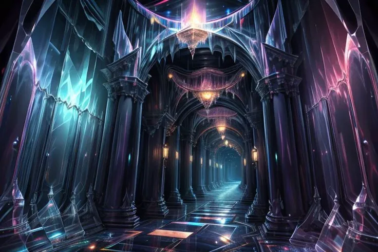 very high resolution, masterpiece, (hyper quality), highly detailed illustration, digital art, digital painting, vivid color, scenic, realistic, tremendous Black Crystal Palace, hallway made with black crystal, hidden deep within the cavern's embrace, iridescent walls refracting ambient moon light, glowing, from above,