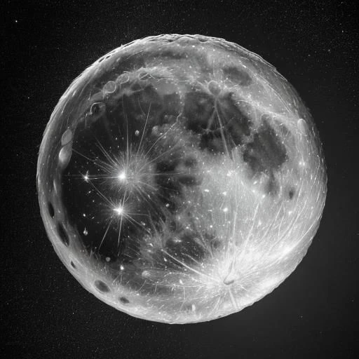 32k UHD portrait of moon view from Earth, (full moon), bright stars, visible details, flying comet, ((Dan Matuto style))